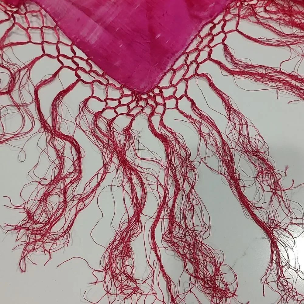 Raw Silk Square Fringed Deep Pink Scarf - Picture 3 of 6